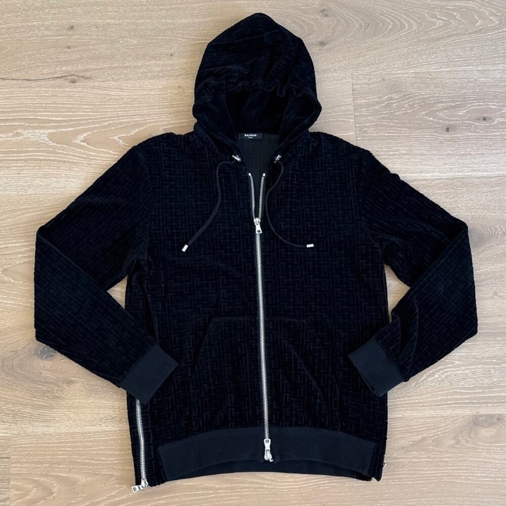 Balmain Velvet Zip Hoodie Monogram Size M Black